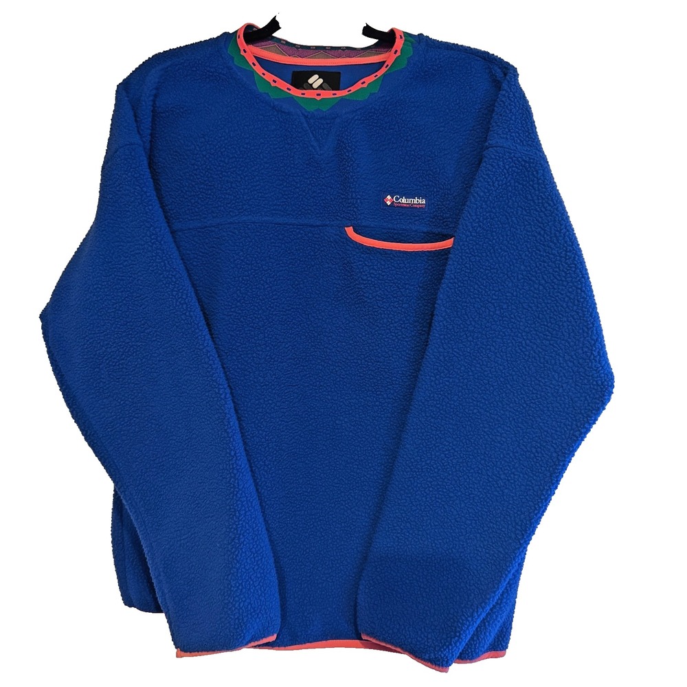 Vtg Columbia‎ fleece pullover aztec sothwestern trim neon blue L - Picture 2 of 11